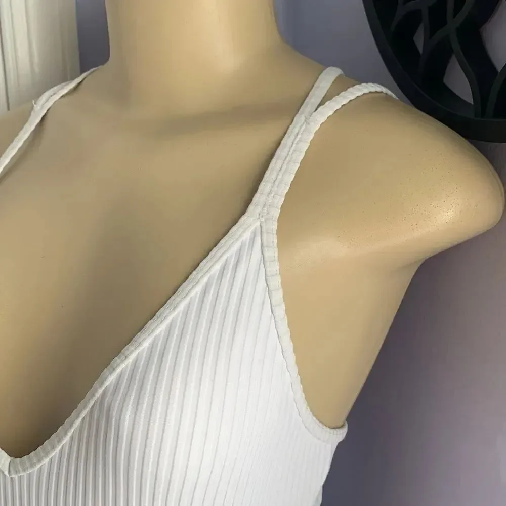 Designer low cut Sexy plunge Ribbed Swimsuit Swimwear White